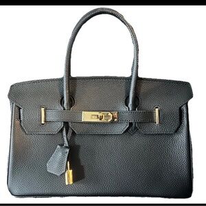 Elegant Black Genuine Leather Hand-Stitched Bag with Lock & Key – Gold Hardware